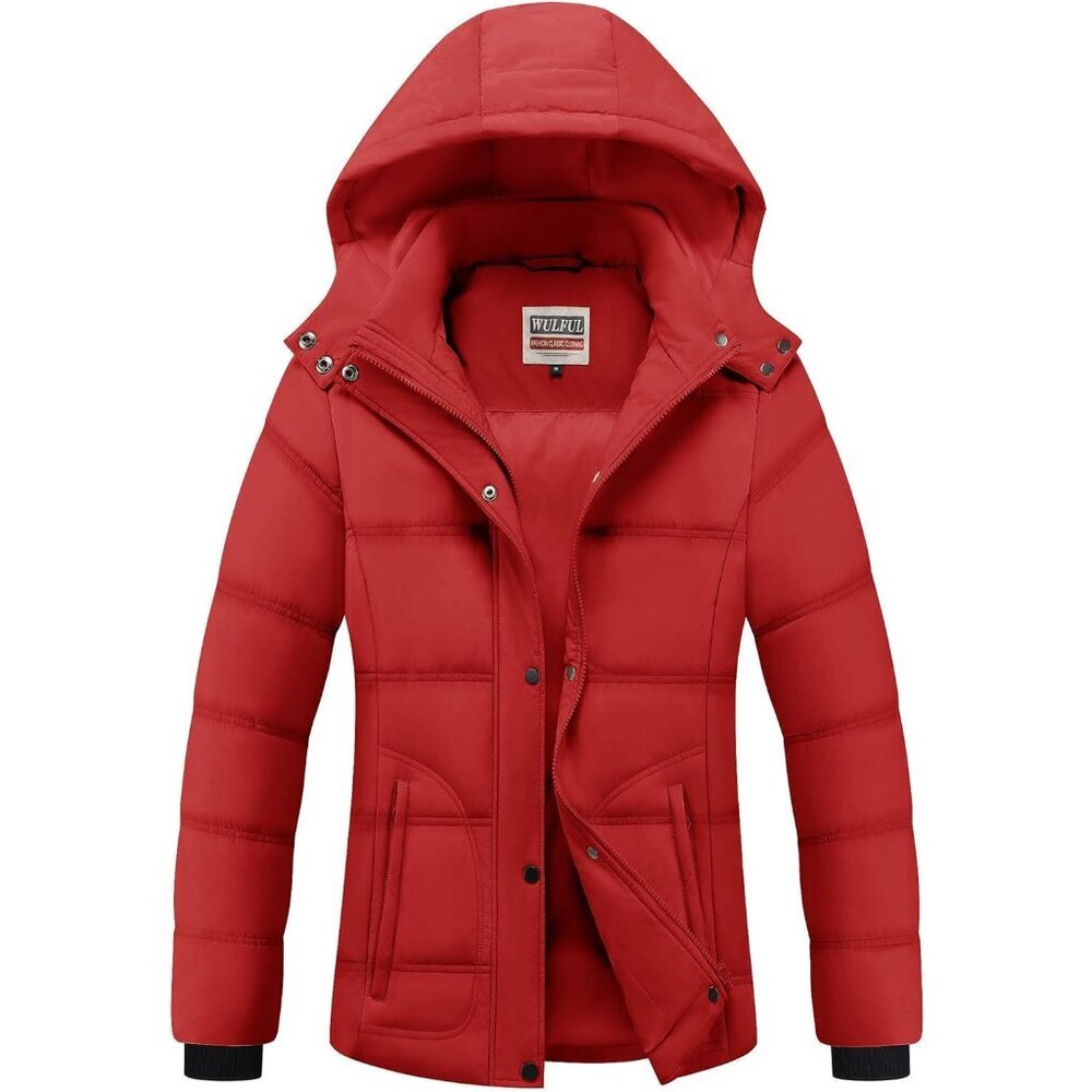 Women's Lightweight Removable Red Hood Puffer Quilted Jacket Coats Winter Warm